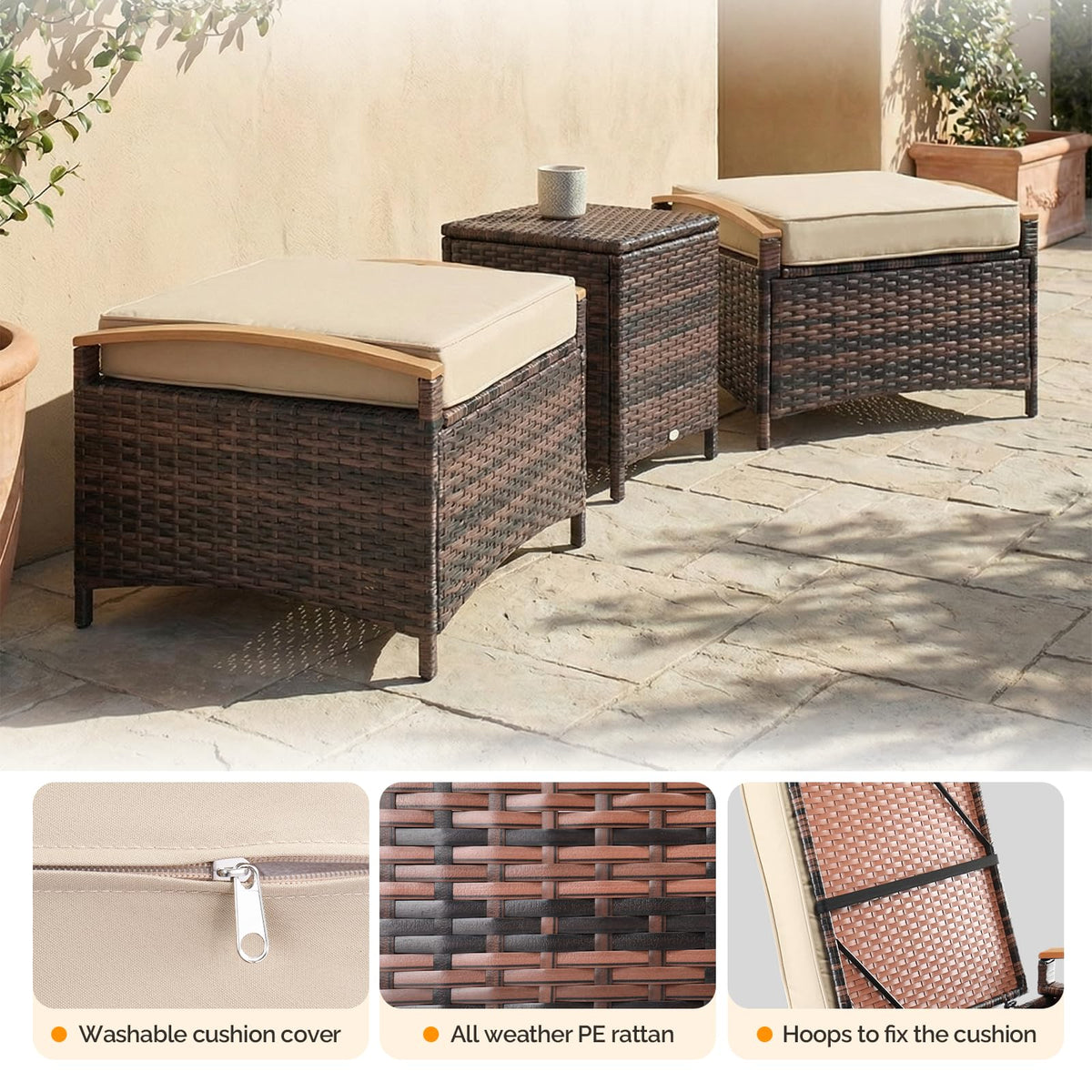 Rattan Storage Ottoman Set