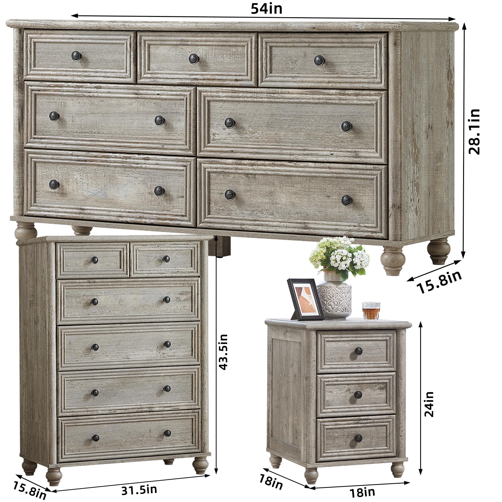 RWYHG Farmhouse Dresser and Nightstand Sets 4 Piece, Wooden 7 Drawers Dresser & 43.5" Tall Chest of Drawers, 18" Roman Column Nightstand Set of 2, Furniture Dressers for Bedroom, Living Room