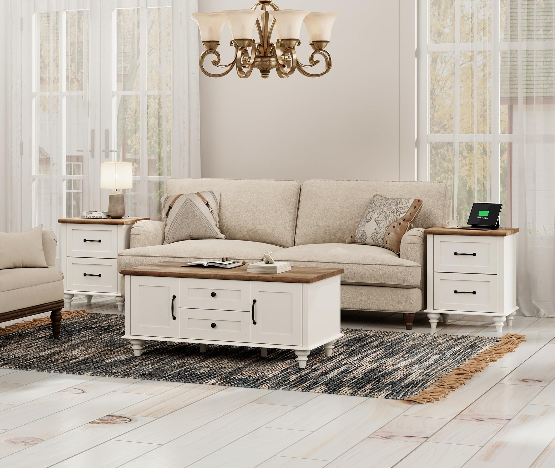WAMPAT Side Tables Set of 2 Nightstands, Mid-Century End Table for Bedroom, Wooden Bedside Table with 2 Large Drawers, Solid Wood Leg Night Stand for Bedroom & Living Room, Off White