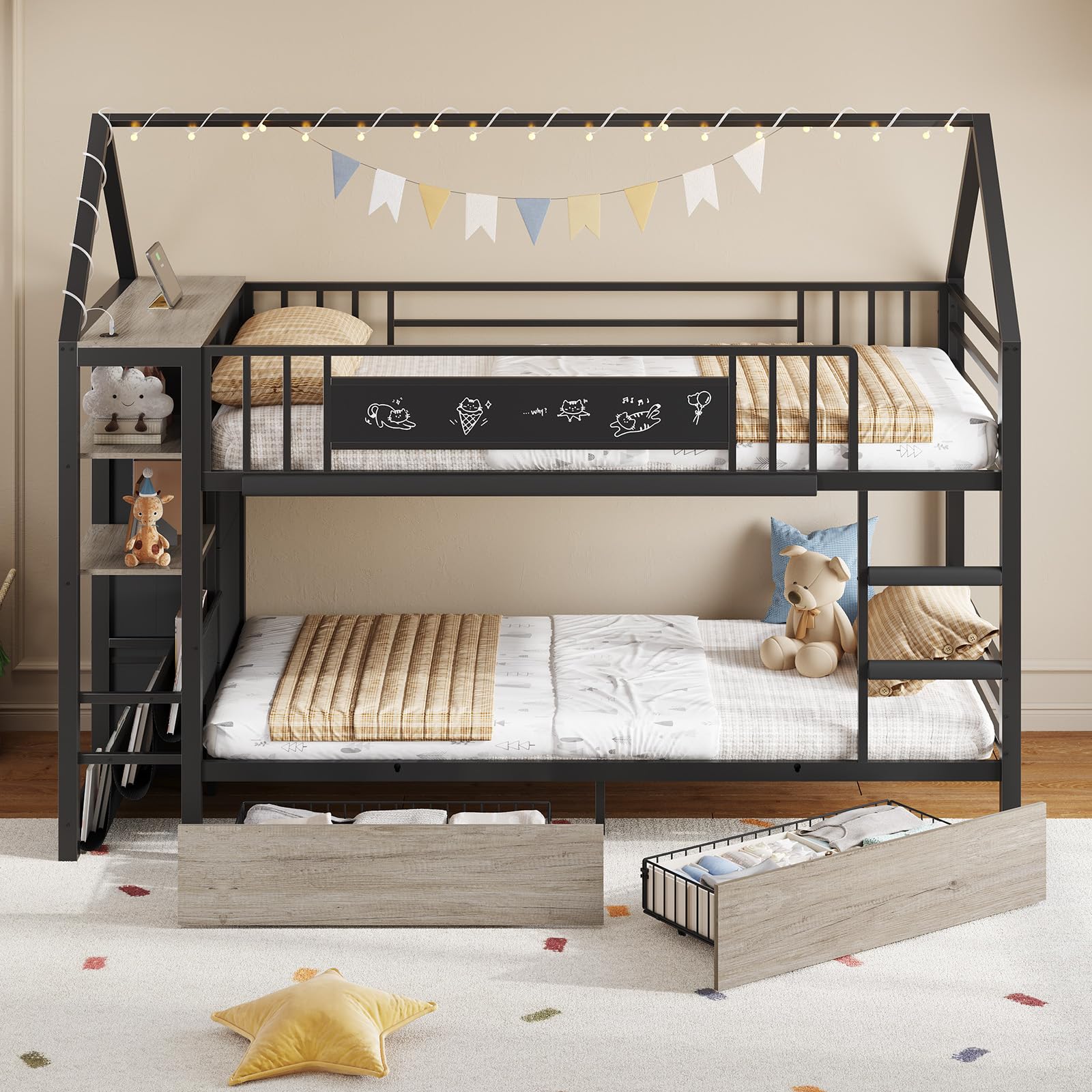 House-Shaped Twin Bunk Bed with Storage Drawers & String Lights