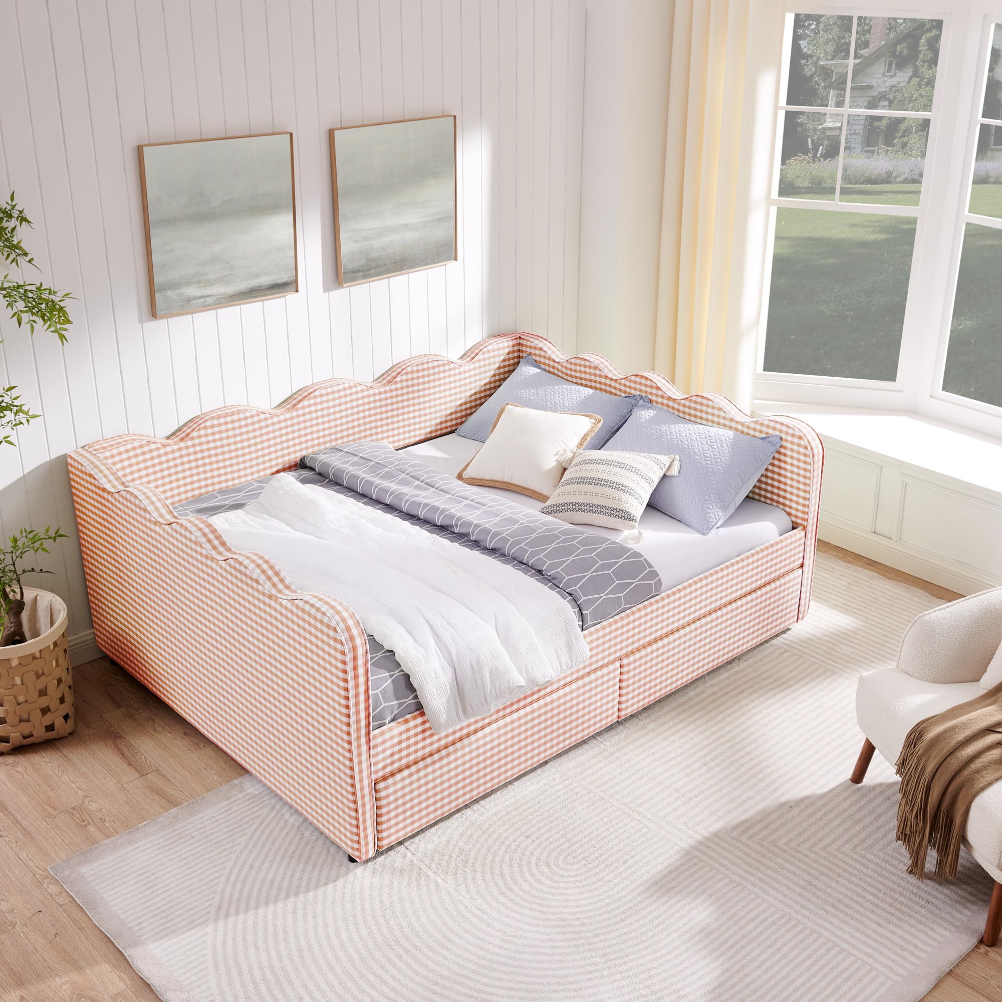 DNYN Gingham Daybed with 2 Storage Drawers and USB Ports for Bedroom/Guest Room, Queen Size Adorable Wave Shape Design Sofabed Frame with Wooden Slats Support, No Box Spring Needed