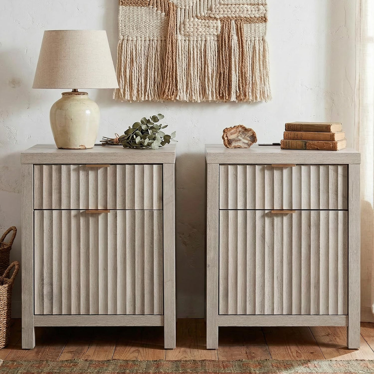 Fluted Nightstands with Charging Station, Set of 2