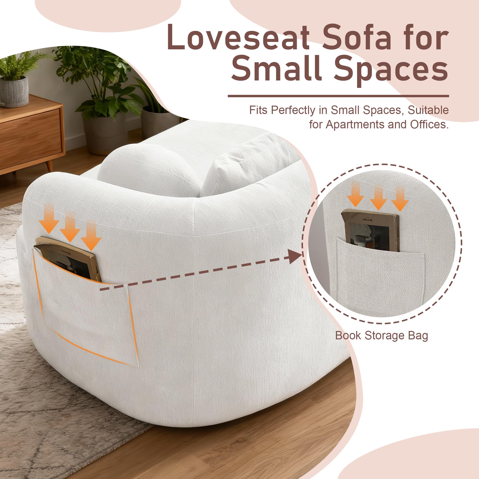 FASADI Loveseat Sofa for Small Space, 67.3" Boneless Love Seat Sofa with Side Pocket & 4 Pillows, Foam and Spring Filling, Soft Chenille for Living Room, Apartment, Bedroom, No Assembly