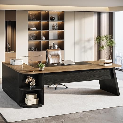 L-Shaped Executive Desk with Cabinet & Storage Shelves