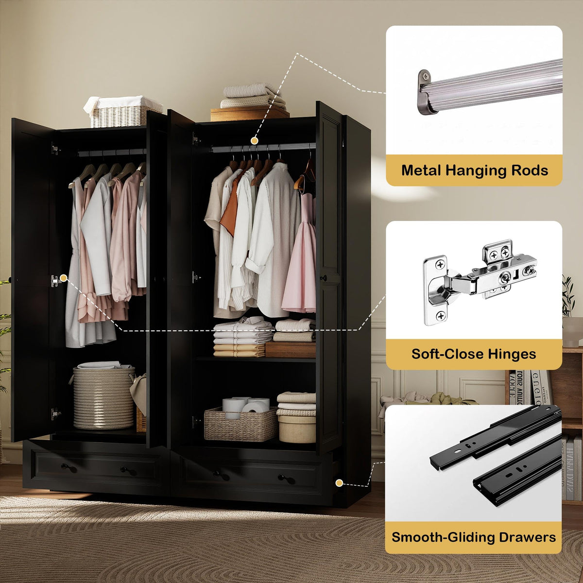 Black Wardrobe Armoire with 2 Drawers
