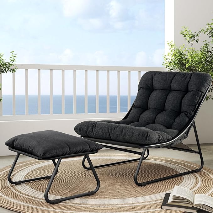 Outdoor Sling Recliner Lounge Chair with Ottoman & Cushion