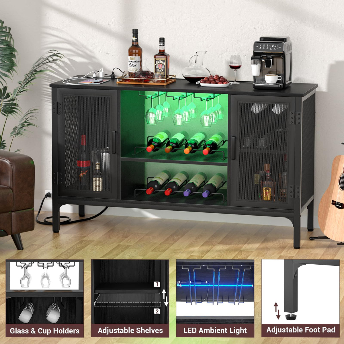 Homieasy Wine Bar Cabinet with Power Outlets & LED Lights, Black