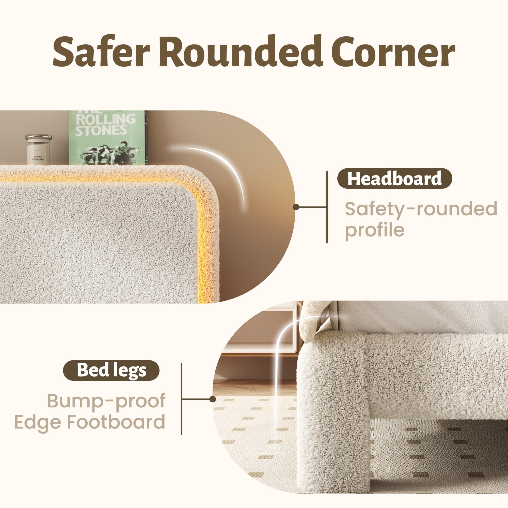 Lifezone Queen Upholstered Bed Frame, Sturdy Noise-Free Metal Support, Boucle Cloud Headboard with Charging Station & LED Lights, No Box Spring Needed, Beige