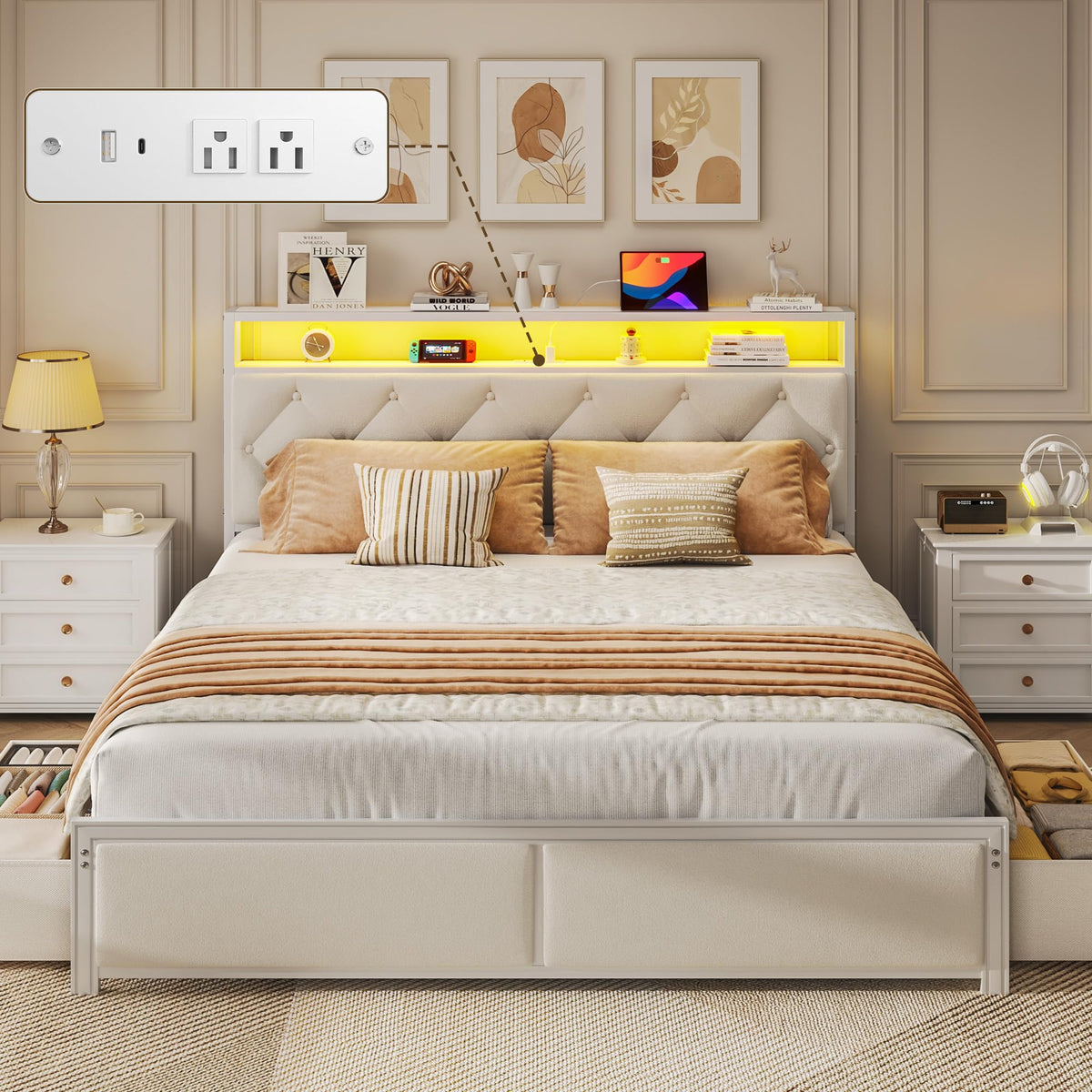 Fluest Queen Bed Frame with 4 Drawers, Upholstered Headboard with Storage, Charging Station, LED Lights, No Box Spring Needed, Easy Assembly, Beige