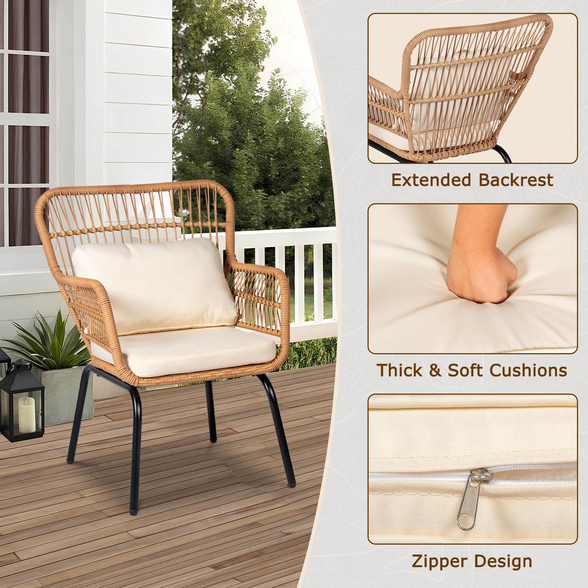 Tappio 3 Piece Outdoor Wicker Bistro Set, Patio Conversation Sets w/2 Large Rattan Chairs and Tempered Glass Table, Patio Furniture for Balcony, Porch, Poolside, Backyard, Beige