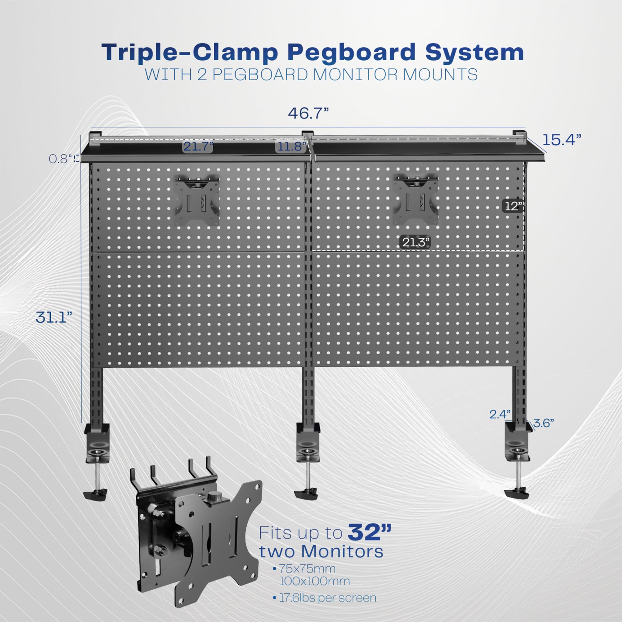 Desk Pegboard System with Dual Monitor Mounts & Storage Shelf