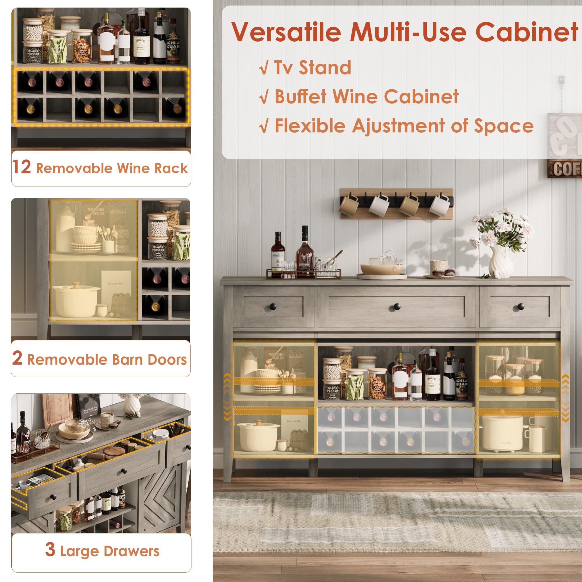 CABIHOME Farmhouse 47.2'' Buffet Cabinet with Sliding Barn Door, 33.4'' Tall Wood Rustic Sideboard with 3 Drawer, Adjustable Shelf and Removable Wine Rack (Vintage, 59'')