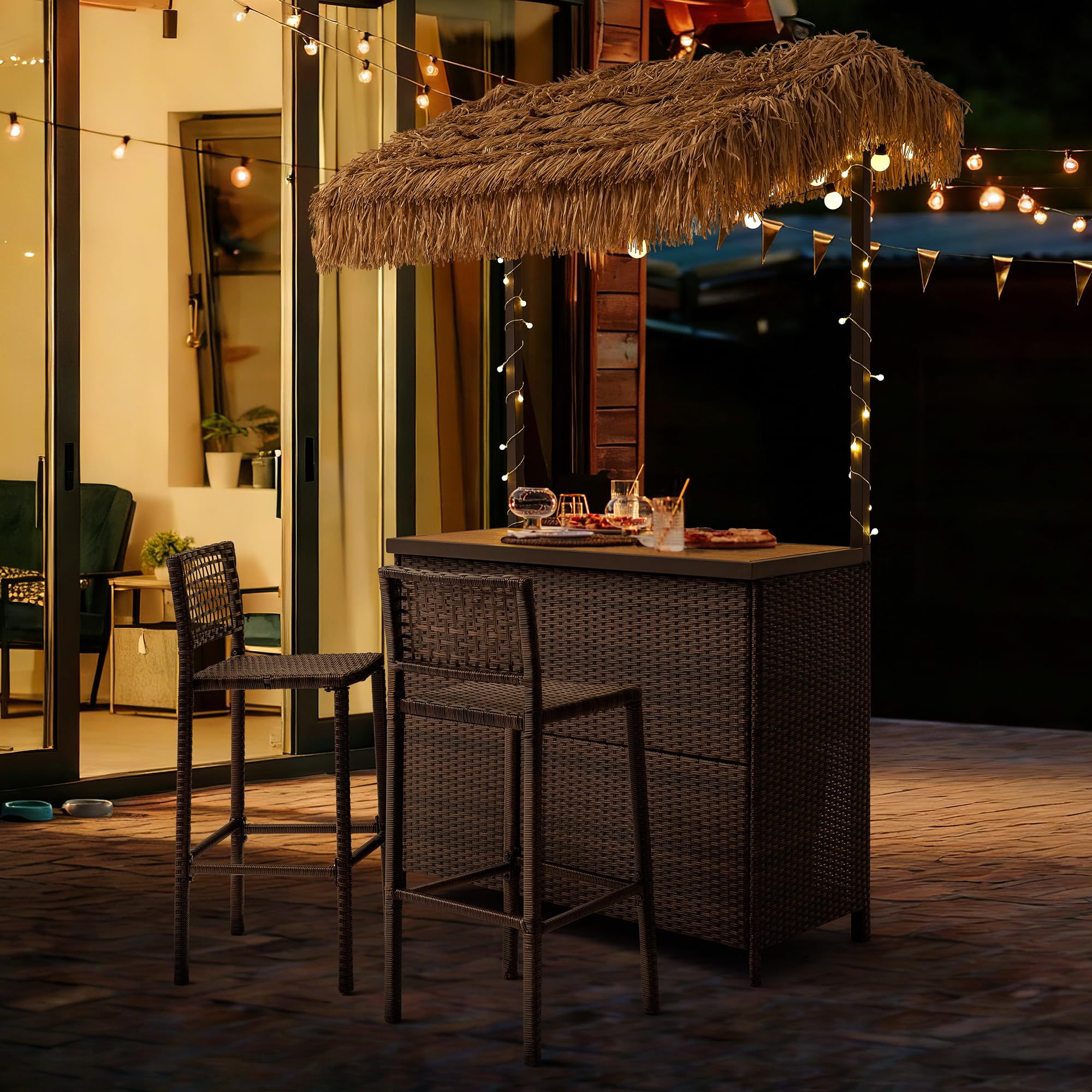 Mvpipi Outdoor Tiki Bar Set, 3 Pieces All-Weather Wicker Patio Bar Set with 2 Height Stools and Storage, Outdoor Bar Set for Outside Patio, Garden, Backyard,Brown