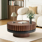 LKTART 31.5" Fluted Drum Coffee Table, Round Center Table with Black Walnut Accent & Textured Base, Easy Assembly, Mid-Century Modern Wood Veneer Cocktail Table for Living Room, Apartment, Office