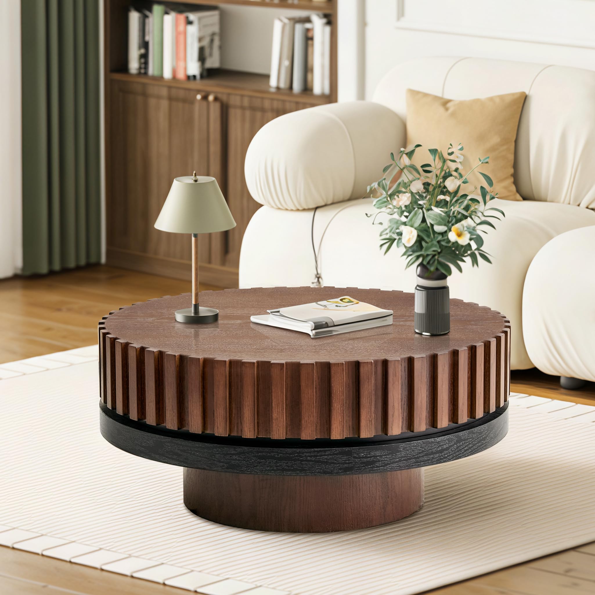 LKTART 31.5" Fluted Drum Coffee Table, Round Center Table with Black Walnut Accent & Textured Base, Easy Assembly, Mid-Century Modern Wood Veneer Cocktail Table for Living Room, Apartment, Office