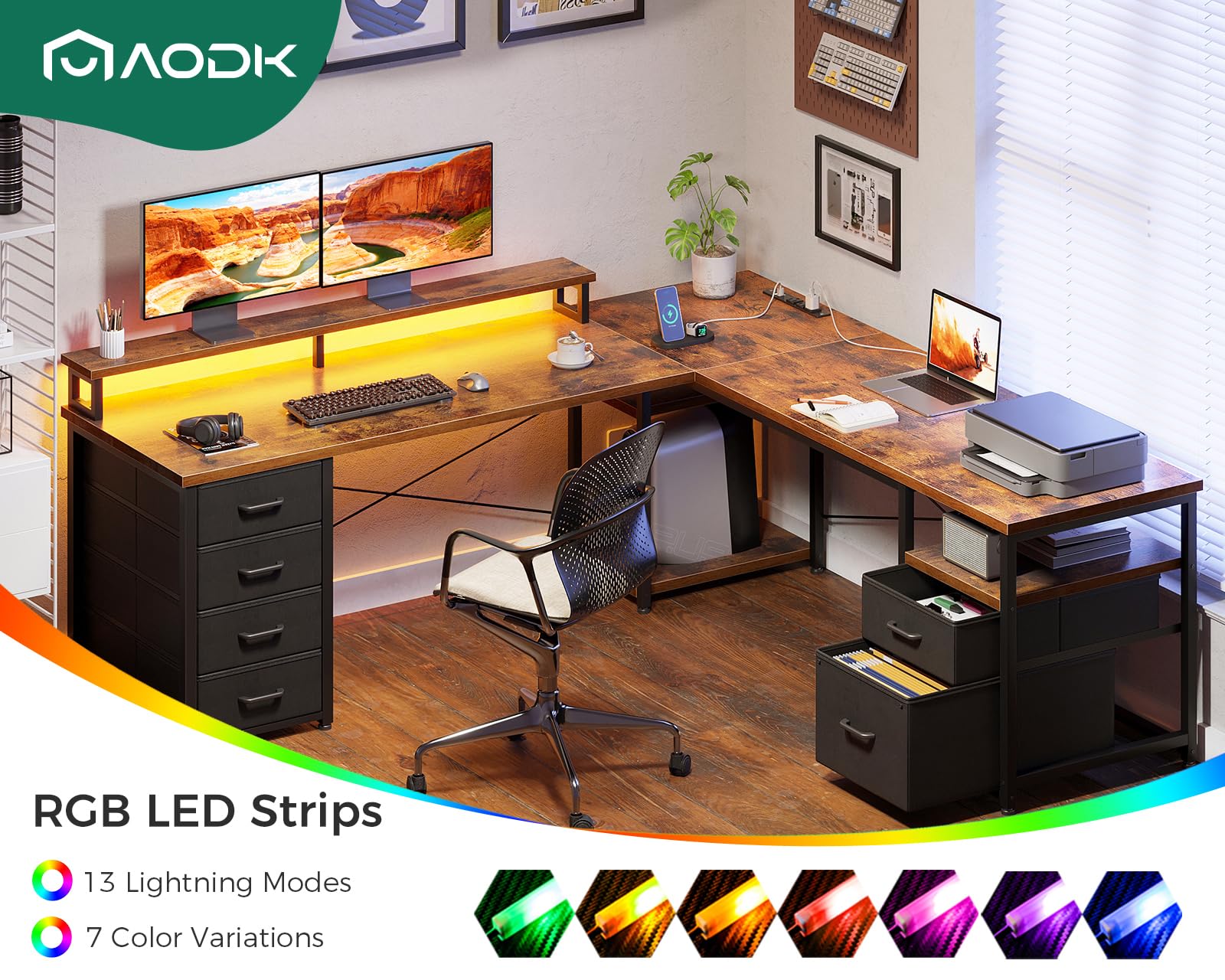 L-Shaped & Long Computer Desk with File Cabinet, LED Lights & Power Outlet