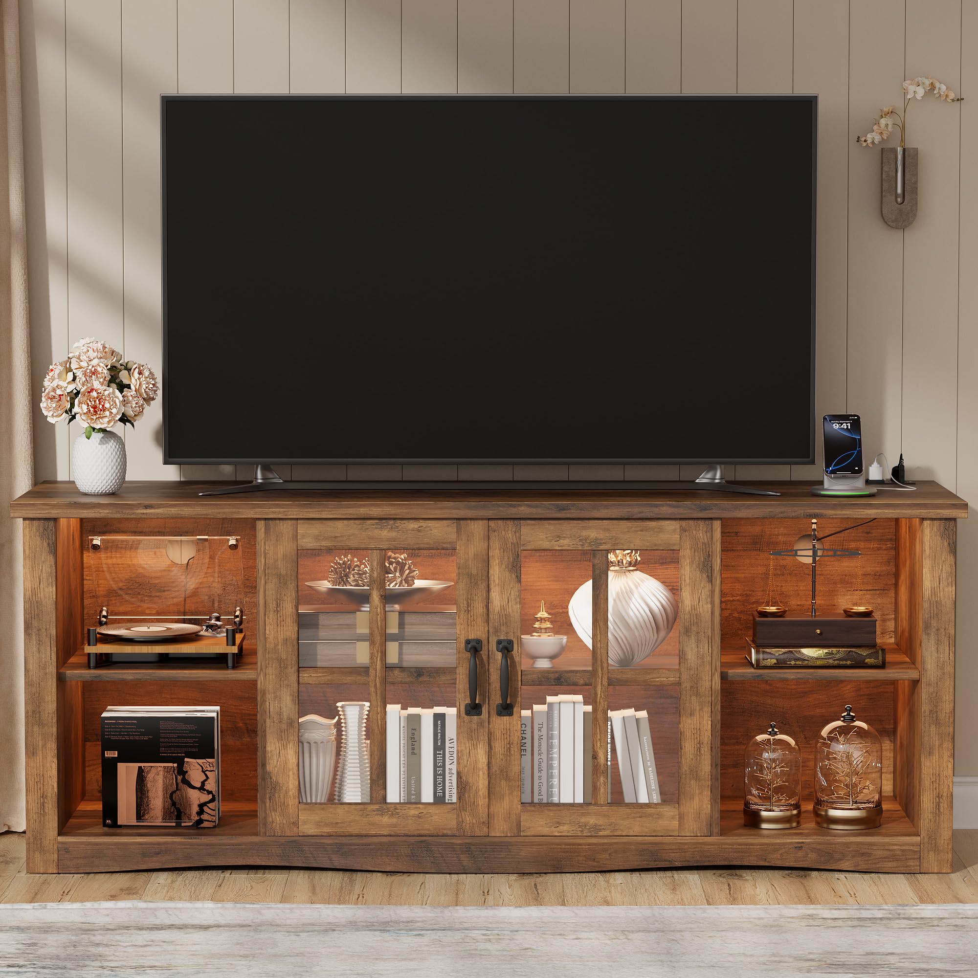 58" TV Stand with LED Lights, Glass Doors & USB Charging