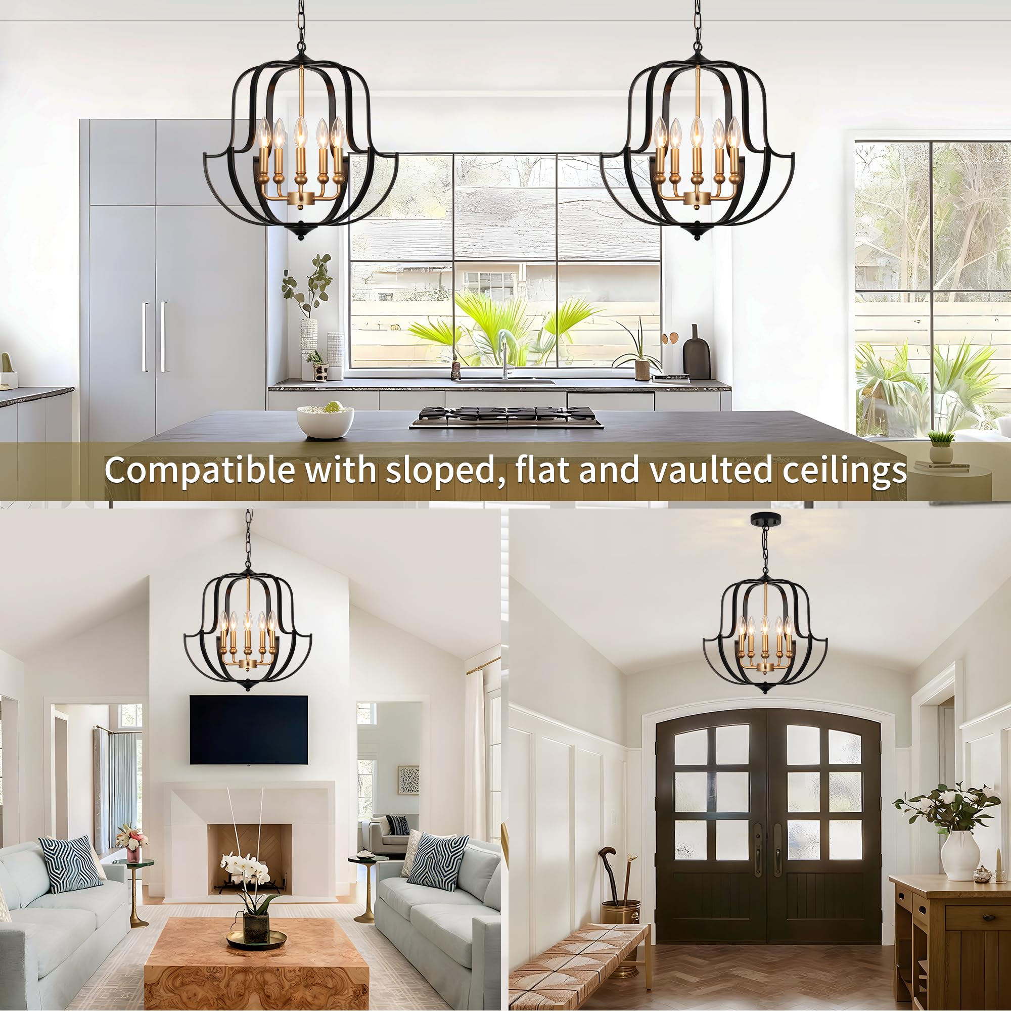 QMNHAU 19" Black and Gold Chandelier for Dining Room, 5-Light Rustic Farmhouse Chandeliers Modern Industrial Hanging Pendant Light for Kitchen Entryway Hallway Foyer Living Room