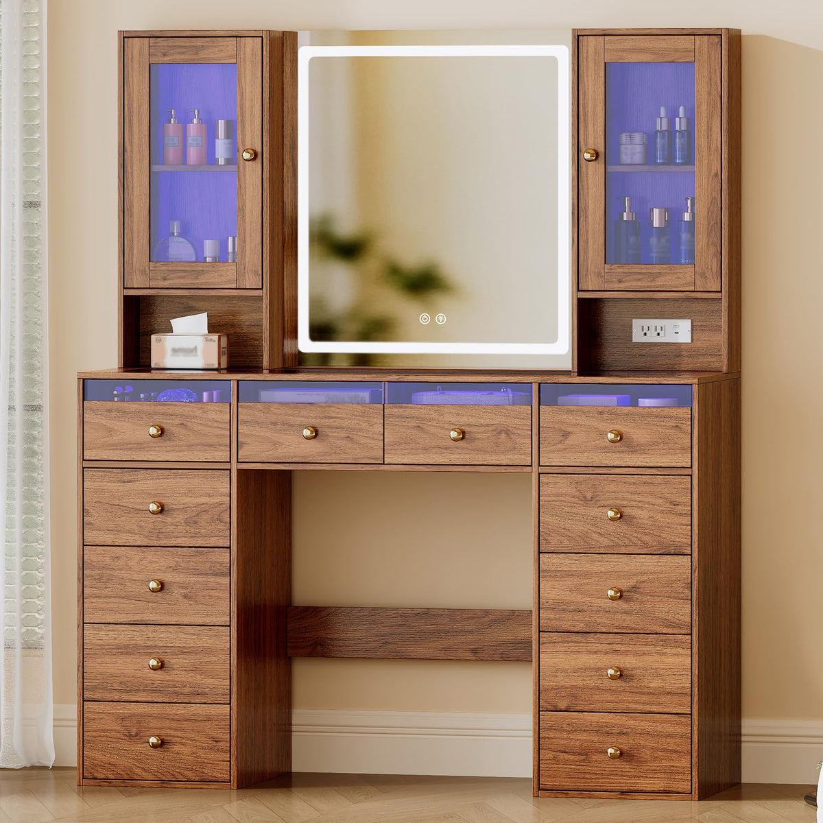 Chrangmay 47" Big Modern Vanity Desk with Mirror and Lights,Makeup Vanity Desk with 12 Drawers and Two PGB Storage cabinets & Power Outlet, Dressing Table with Glass Top, Walnut