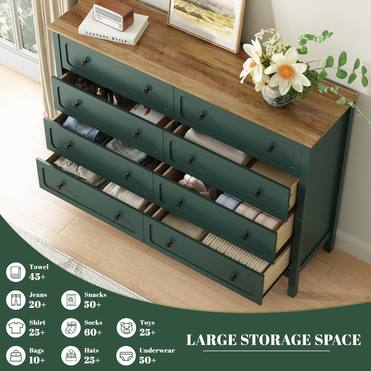CARPETNAL 55" Green Dresser for Bedroom with 8 Drawer & Deep Drawers