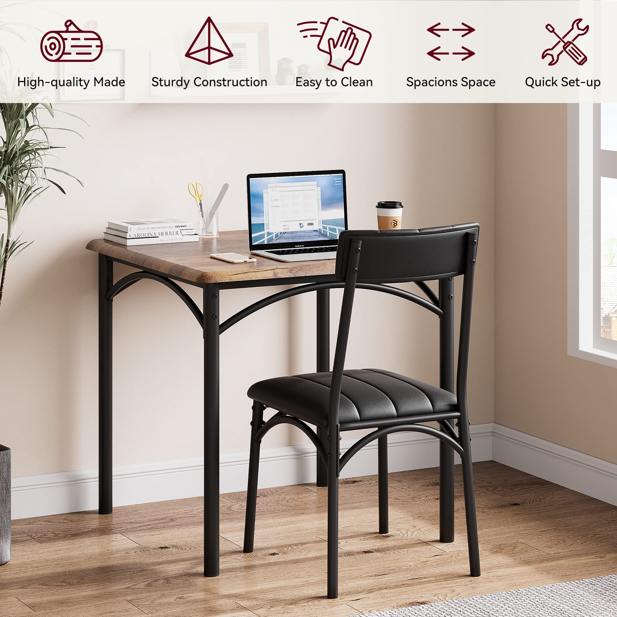 SLEKVERSA 3-Piece Dining Table Set for 2, Kitchen Table Set with 2 Upholstered Chairs, Square Dining Table Set for Apartment, Studio, Small Space, Brown