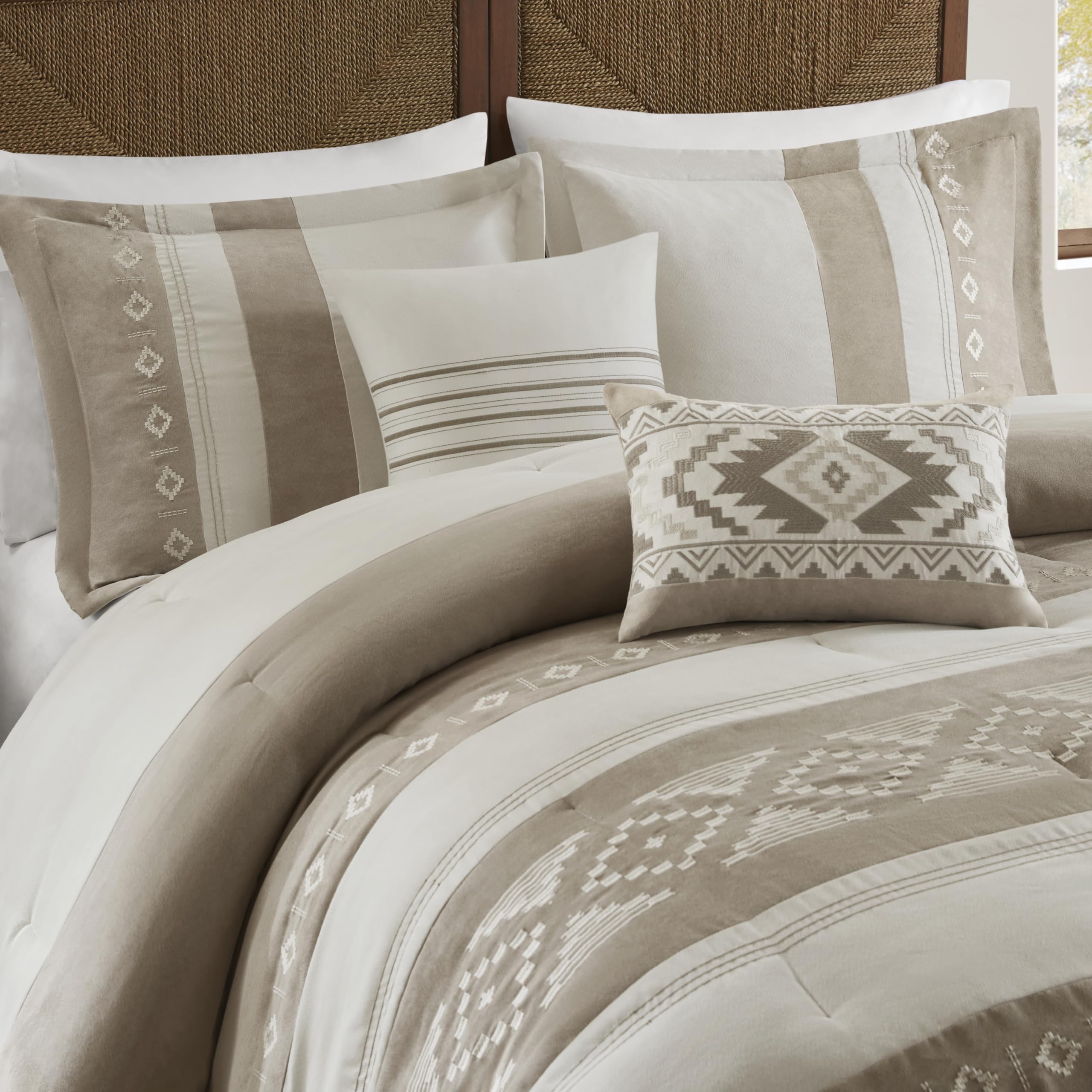 King Comforter Set – 5-Piece Microsuede Embroidered Bedding with Decorative Pillows, Taupe