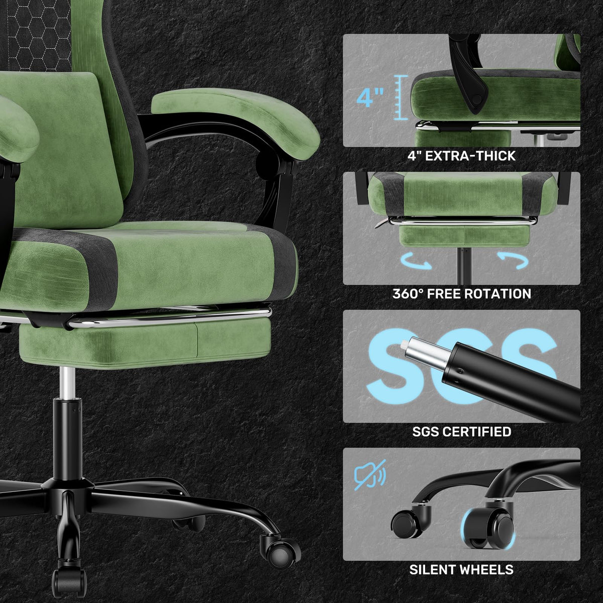 Green Fabric Gaming Chair with Footrest