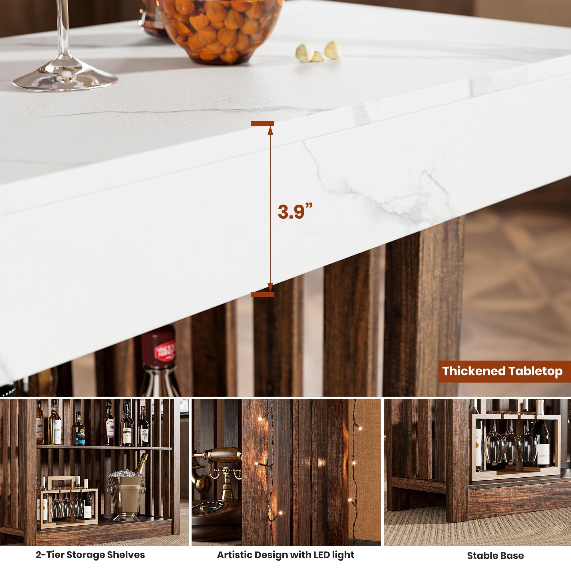 GarveeHome 63" Long Bar Table - Counter Bar Height Pub Table with 2 Tier Storage Shelves, Modern Coffee Breakfast Bar Unit for Dining Room, Bistro, Living Room, White + Walnut