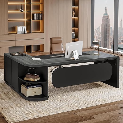L-Shaped Executive Desk with File Cabinet & Storage