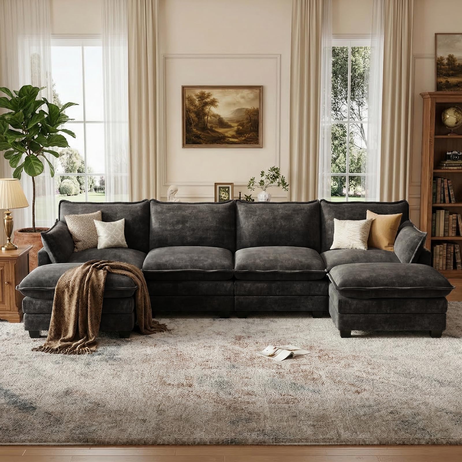 OhaiAura U Shaped Modular Sectional Sofa, Cloud Couch with Movable Ottoman, Comfy Chenille Sofa with Pillows for Living Room, Bedroom, Apartment, Black