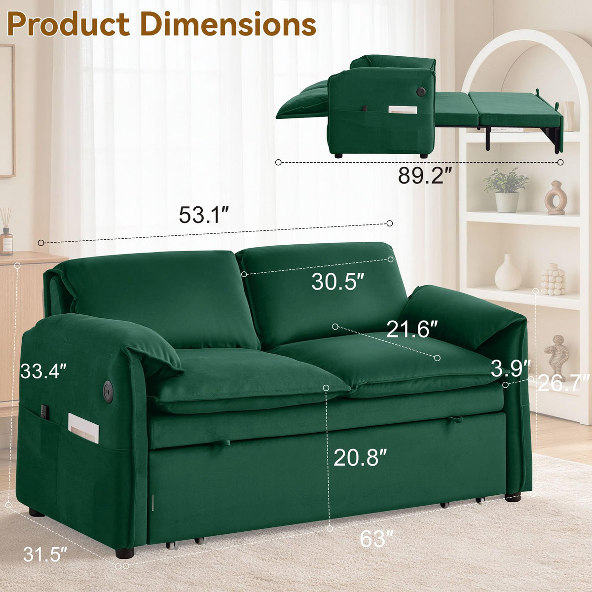 Velvet Convertible Sleeper Loveseat