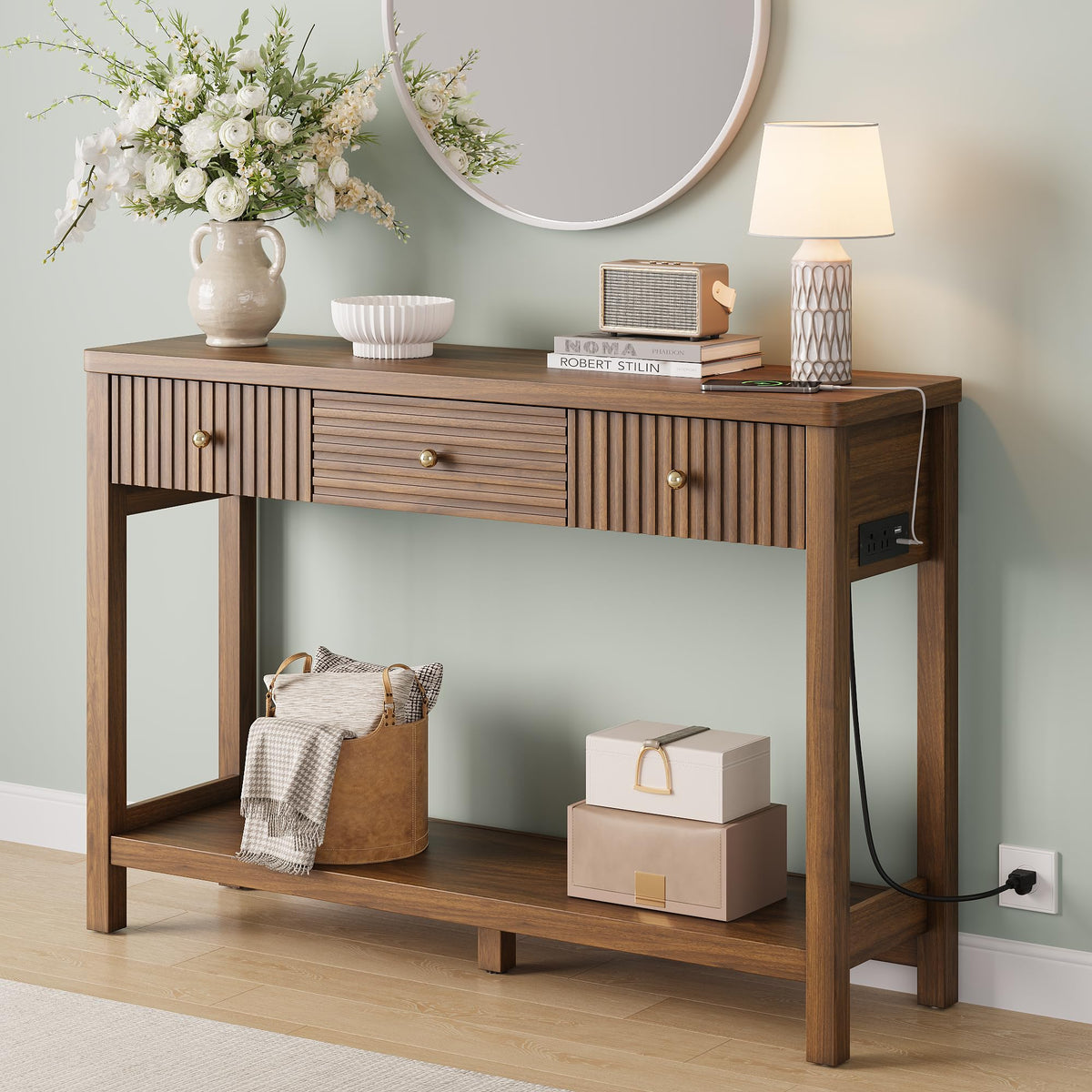 Fluted Console Table with Charging Station