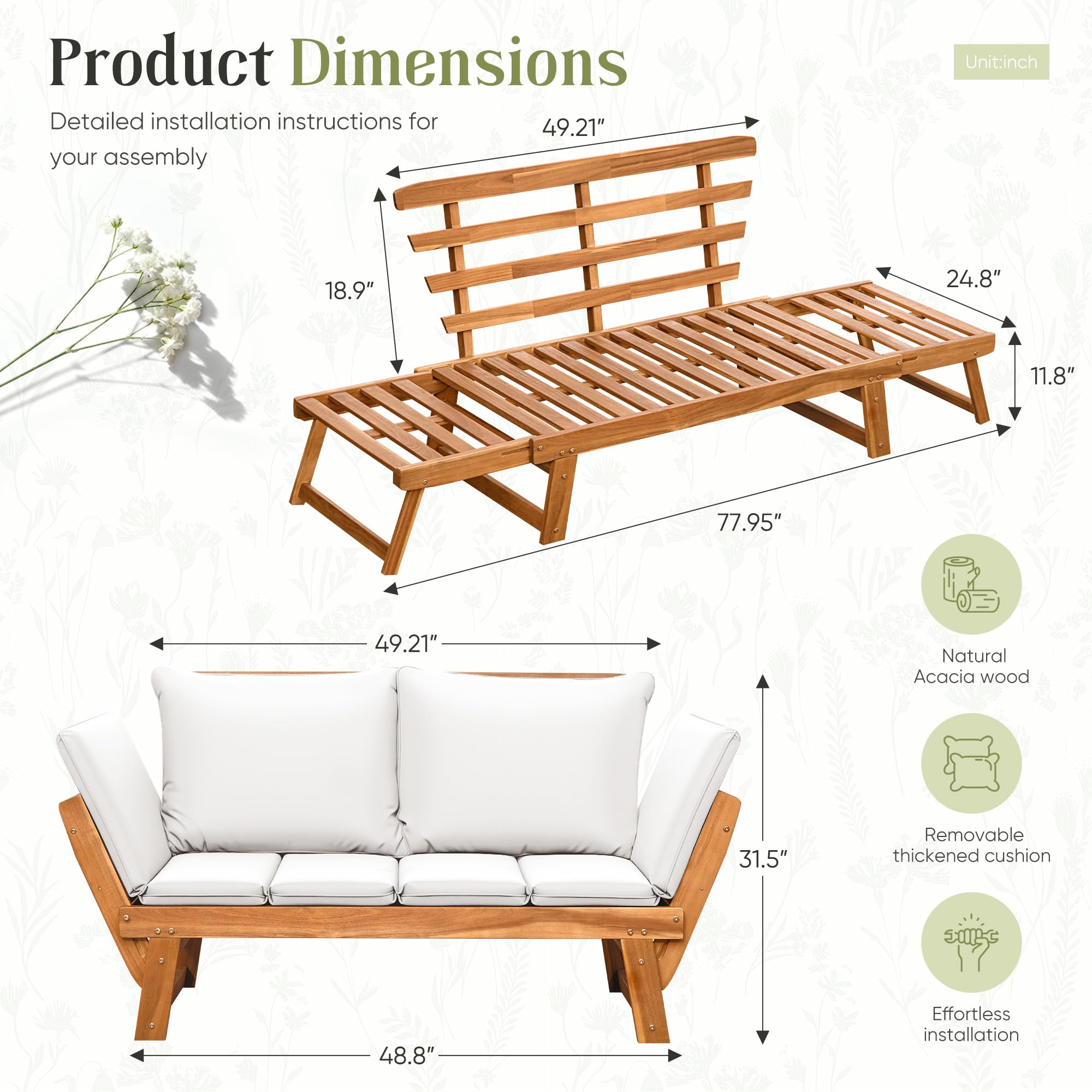 Acacia Wood Outdoor Loveseat with Adjustable Armrests