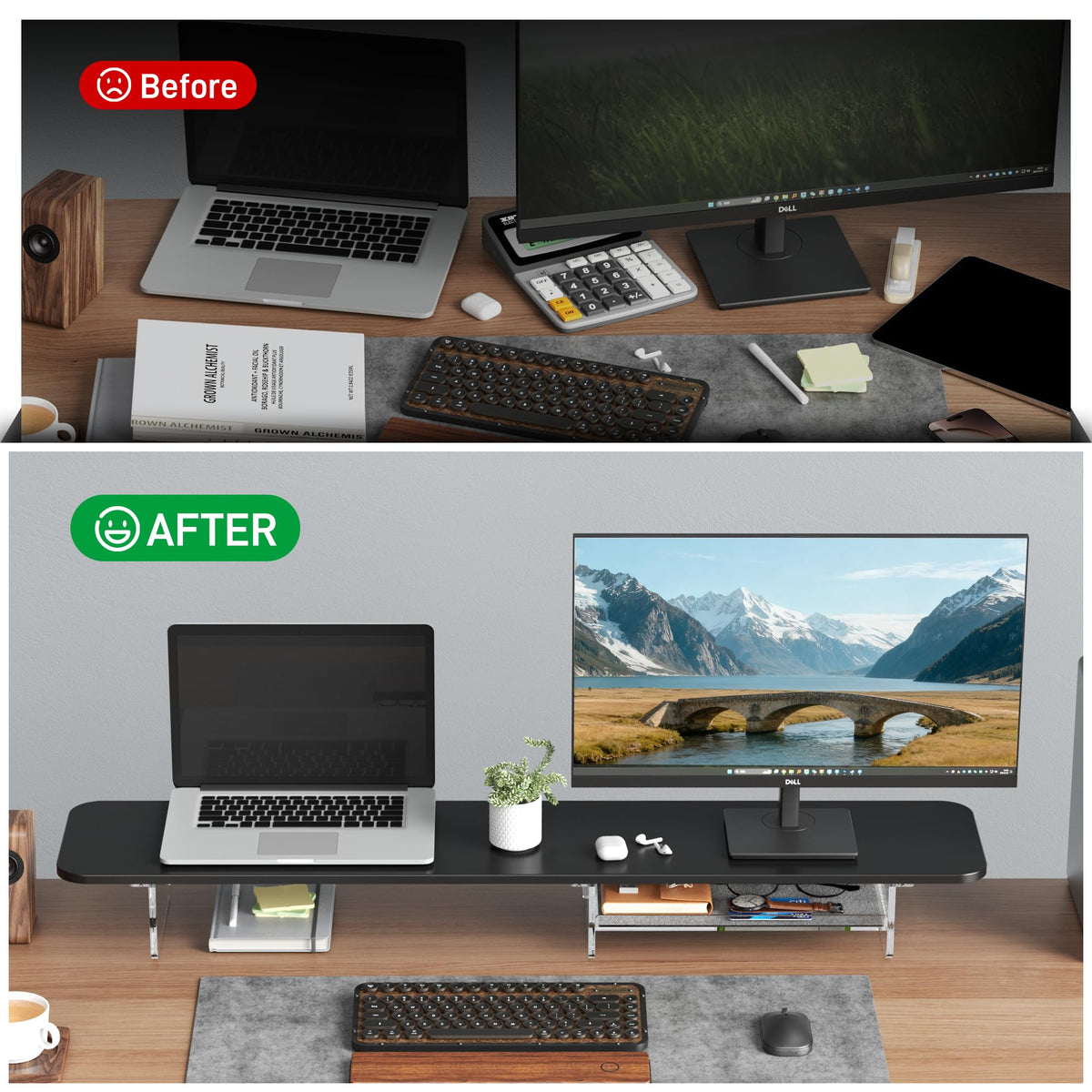 AFOOYO Large Dual Monitor Stand For Desk,43 Inch Desktop Computer Riser with Felt Drawer Acrylic Legs Desk Shelf Organizer For Computer/Laptop/PC/Printer/TV