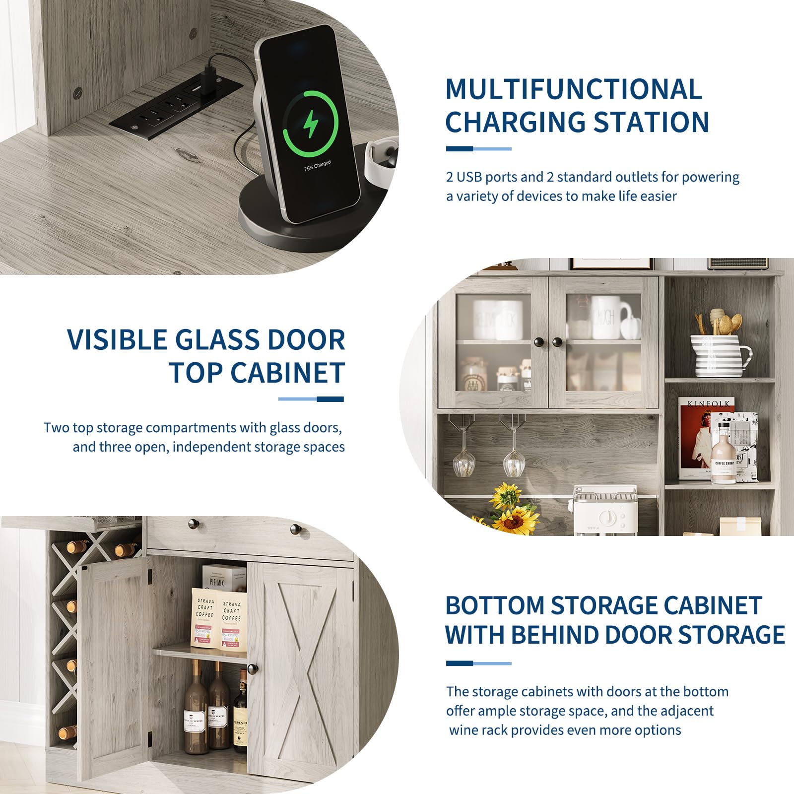 GarveeLife Tall Wine & Coffee Bar Cabinet – Modern Sideboard Buffet, Barn Doors, Storage Hutch, Power Outlets, Glass Holder, Wine Rack – for Dining Room, Kitchen, or Living Room – Grey