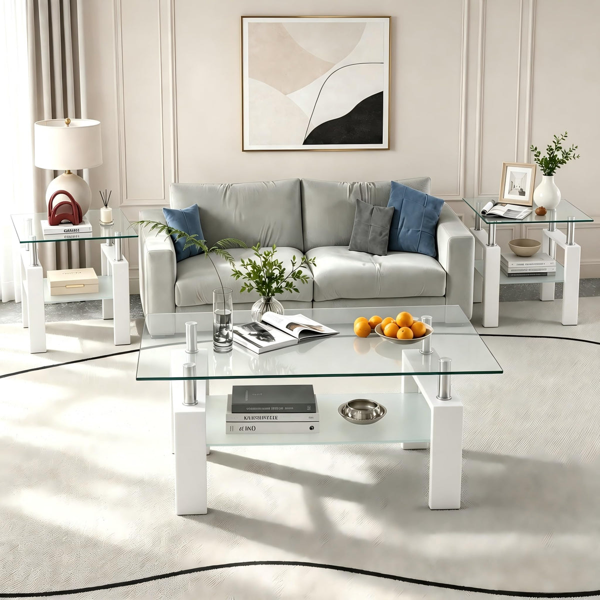 Meihua 3-Piece Coffee Table Set, Glass Coffee Table with 2 End Tables