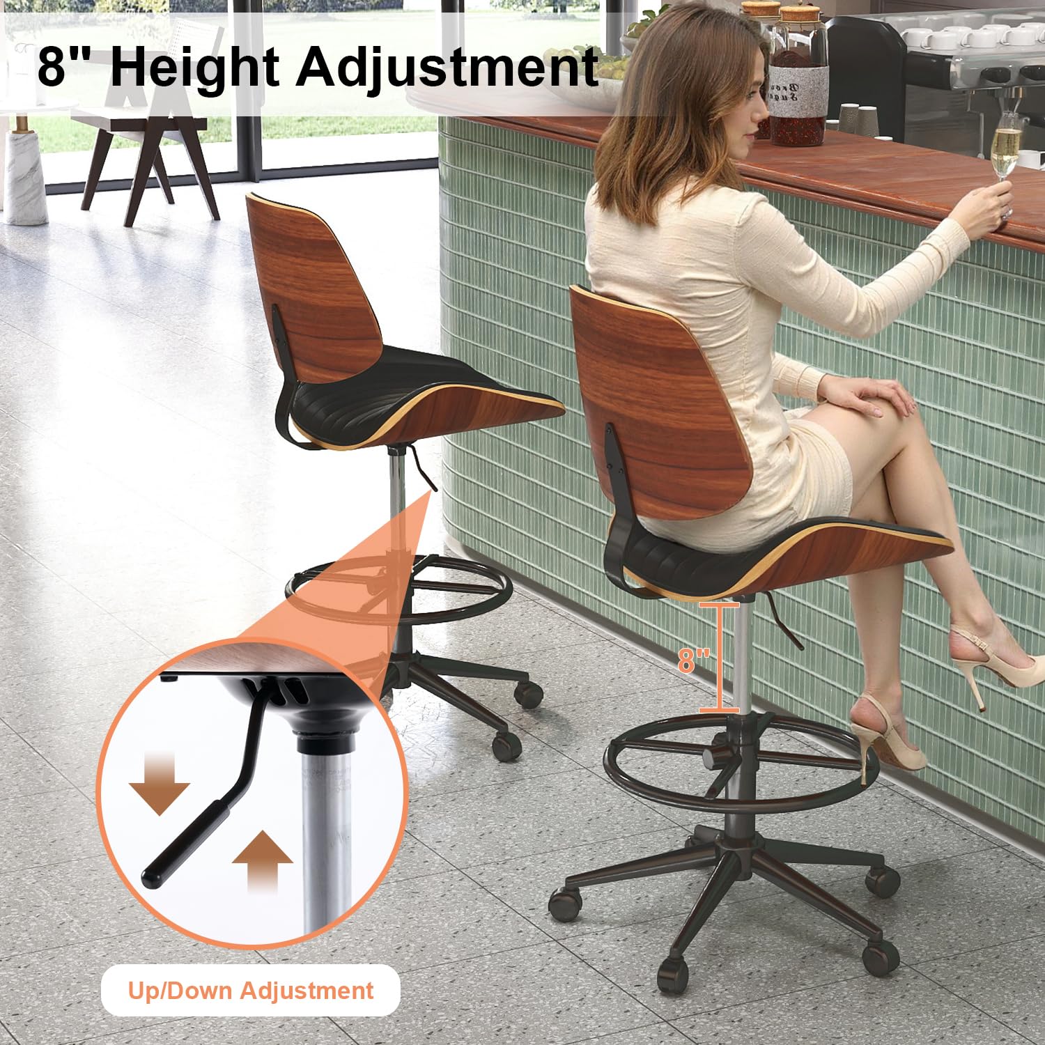 Ergonomic Drafting Chair with Walnut Wood Back