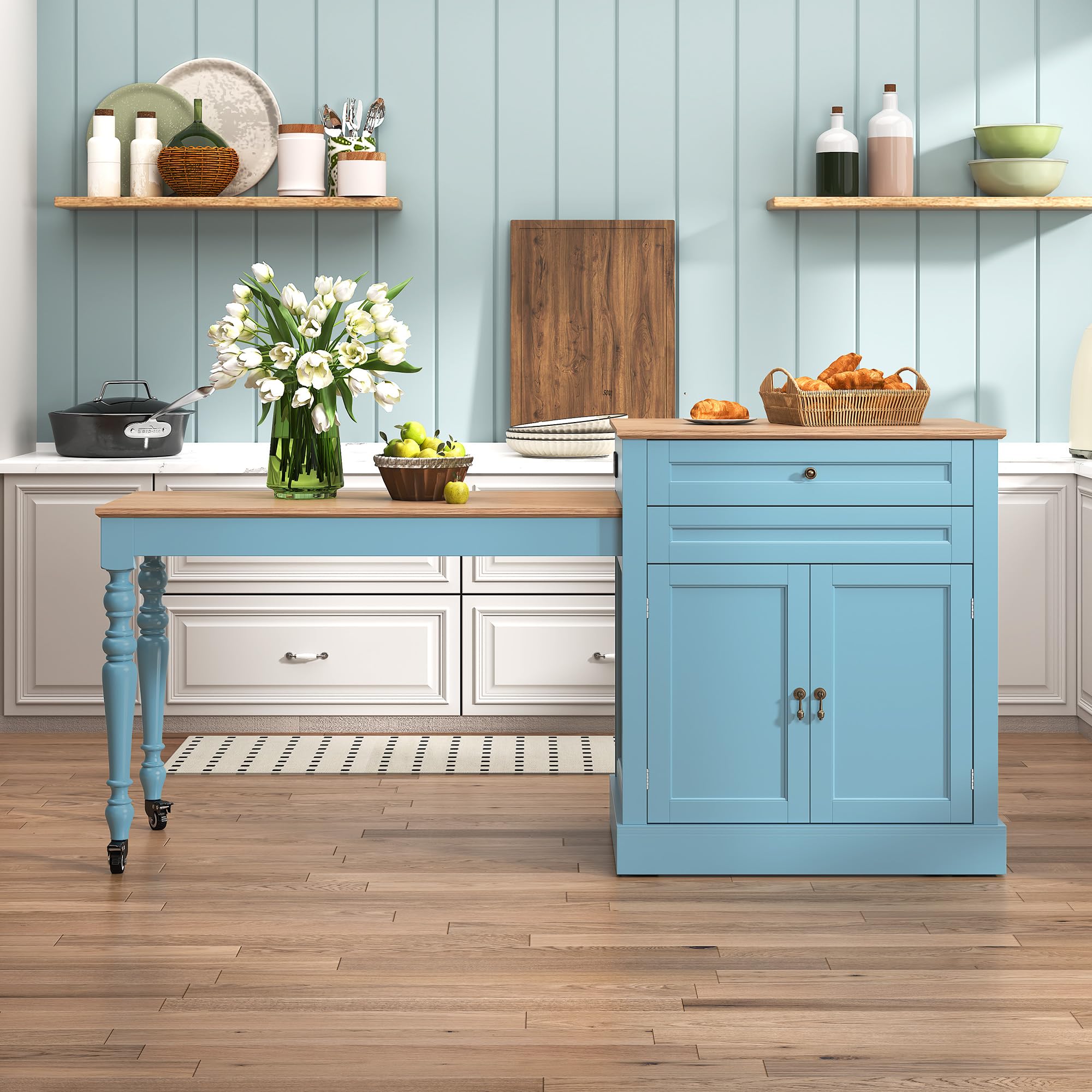 Extendable Kitchen Island with Power Outlet & Storage