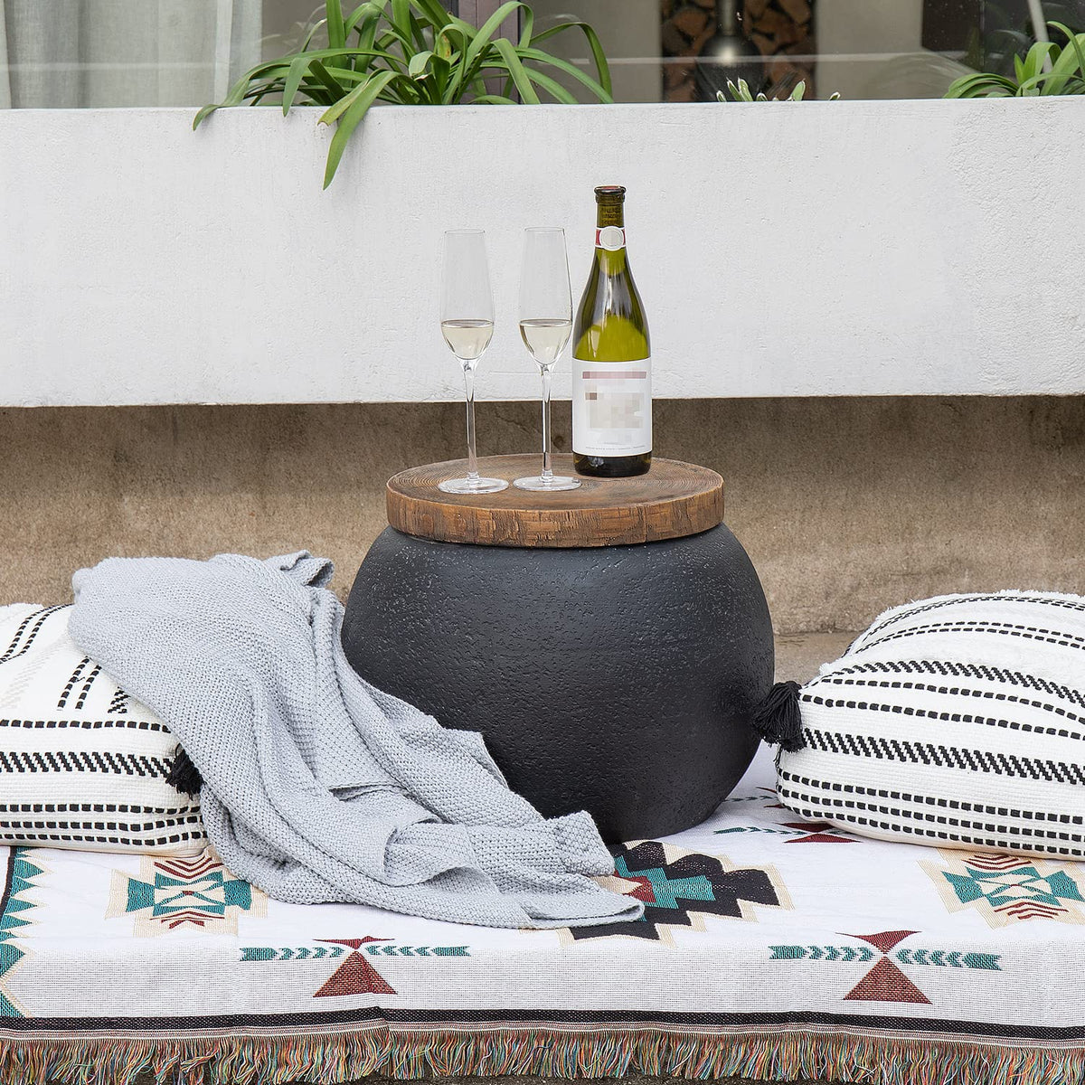 COSIEST Outdoor Side Table,Black Drum Outdoor End Tables,17" Concrete Patio Side Table for Outside Faux-Wood Top Accent Side Table Stool for Livingroom,Bedroom,Garden