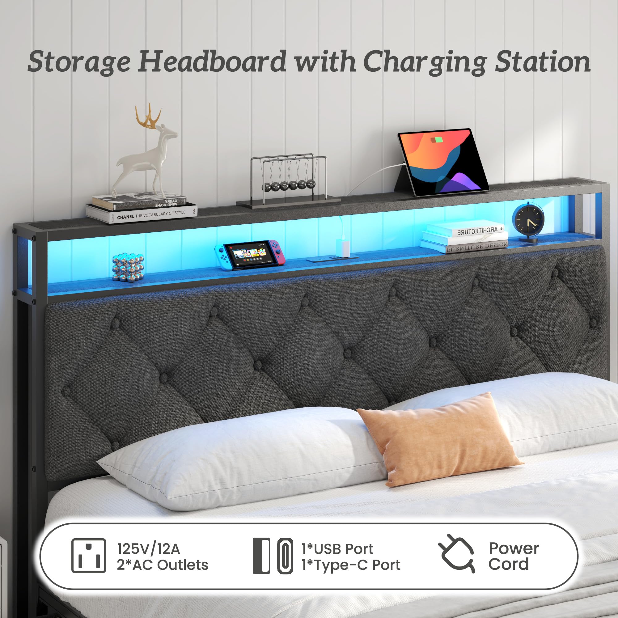 Queen Bed Frame with Storage, LED Lights & Charging Station