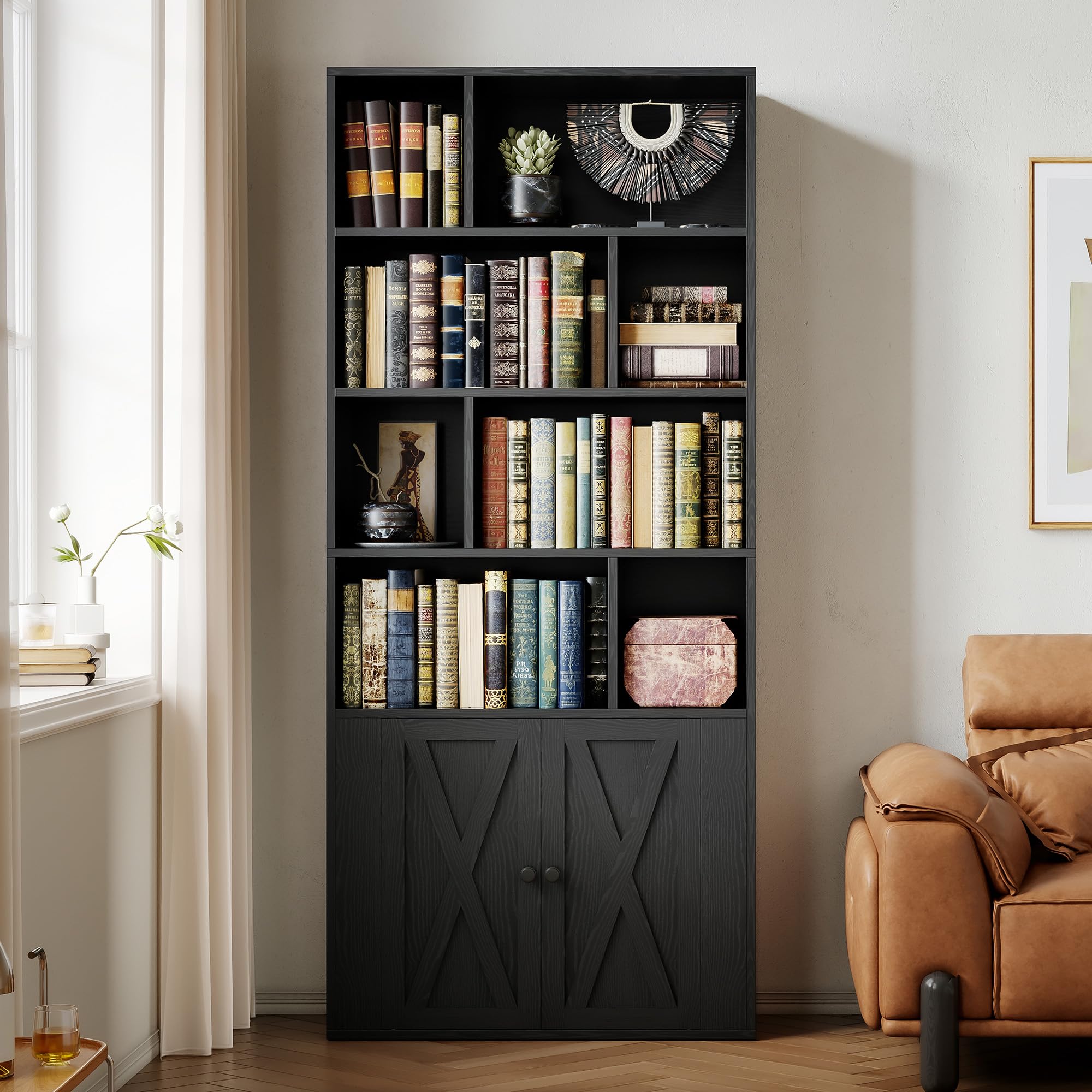 IRONCK Book Shelf, Tall Bookshelf with Storage, Bookshelves and Bookcases with Doors, 4-Tier Bookcase with 8 Open Cubes for Living Room, Office, Study, Black