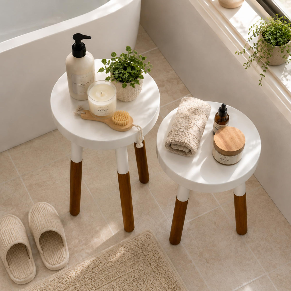 LitaEther Modern Side Table Set of 2, Solid Wood Accent Table,12" D x 12" W x 20" H & 12" D x 12" W x 18" H Small End Table for Living Room Bedroom, Plant Stand, Bathroom Stool, Pedestal Drink Table