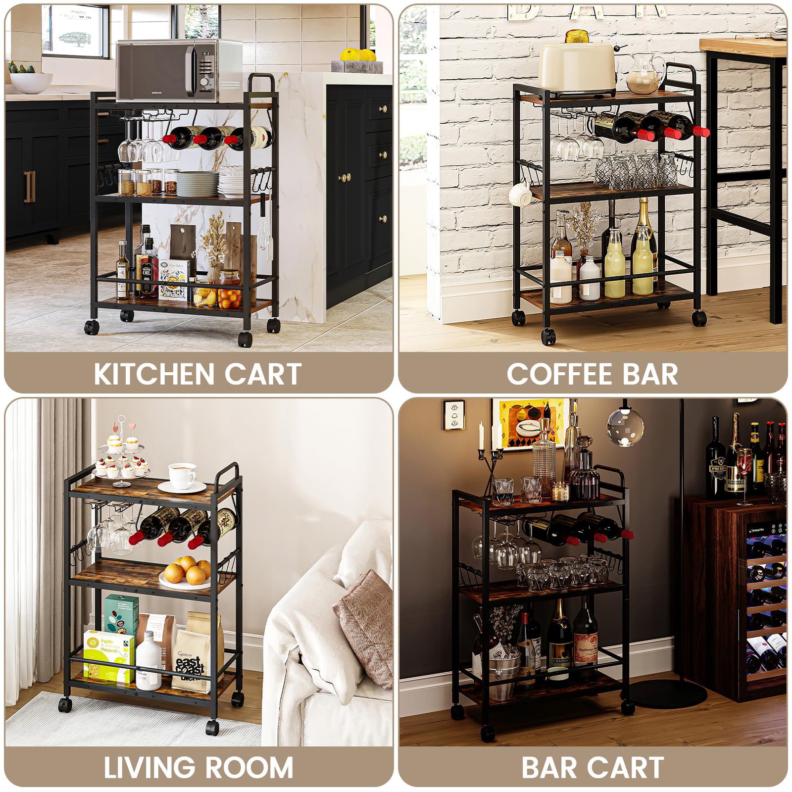 3-Tier Rolling Bar Cart with Wine Rack & Glass Holder