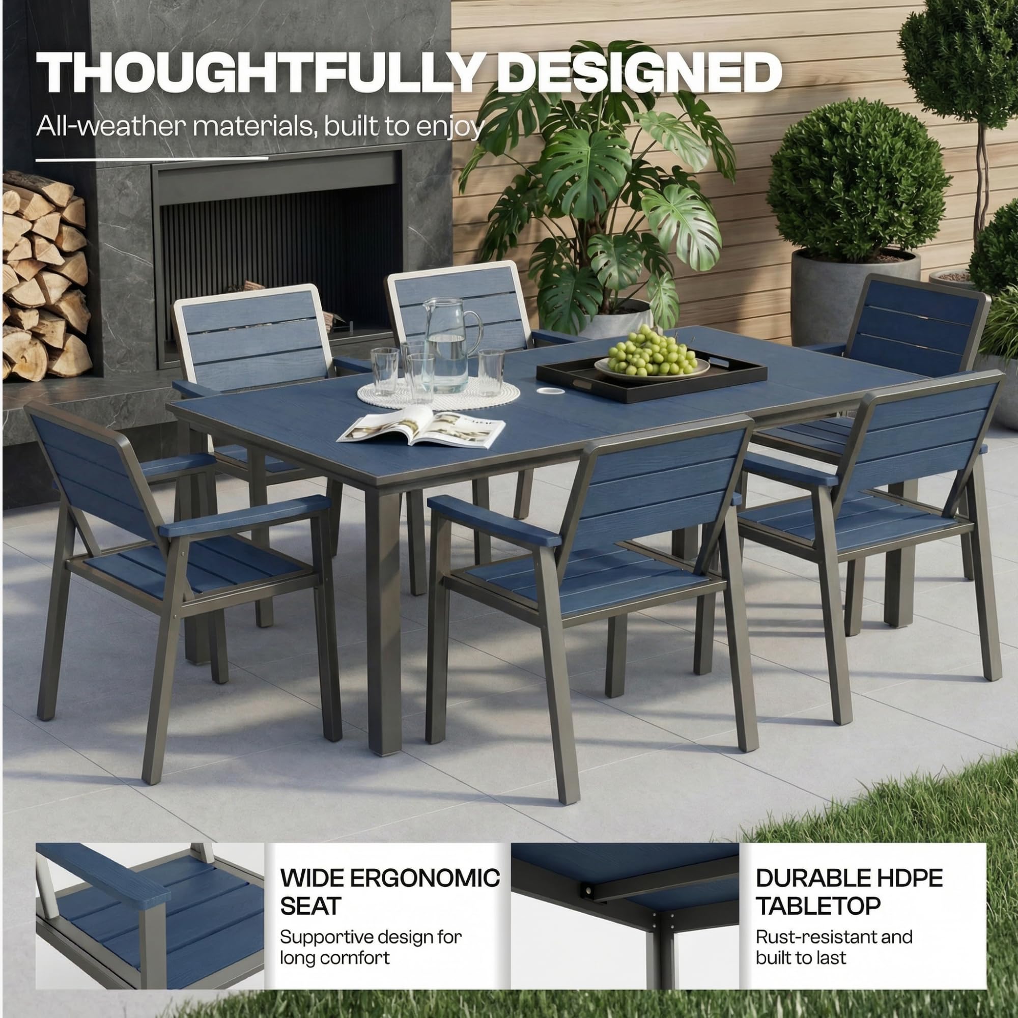 Patio Kingdom 7 Piece Patio Dining Set for 6, Outdoor HDPE Table and Chairs with Umbrella Hole, All Weather Outdoor Furniture for Backyard, Deck, Lawn, Poolside, Blue
