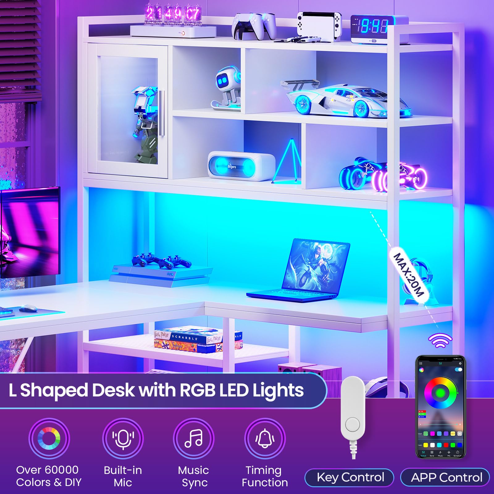 L-Shaped Desk with Bookshelf & LED Light Strips, 58"