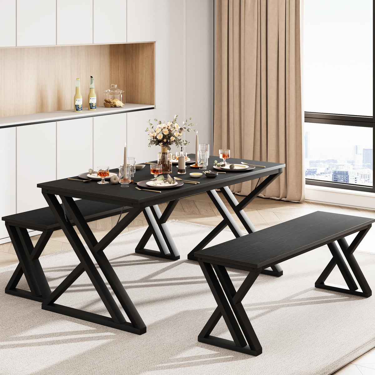 Homhougo Kitchen Room Table Set with Benches,44.8" Dining Table Set for 4,Sturdy Metal Kitchen Table Set with X Metal Frame Space Saving, Ideal for Kitchen, Apartment, Studio, Black