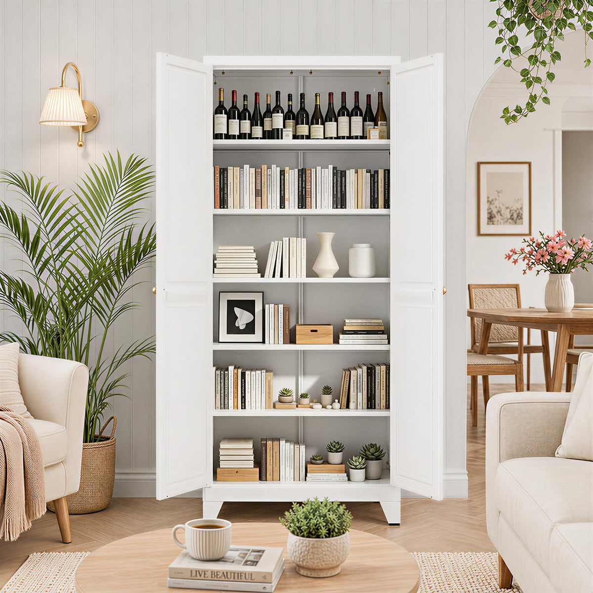 Bayunity 75" White Metal Pantry Cabinet with Doors & 5 Adjustable Shelves