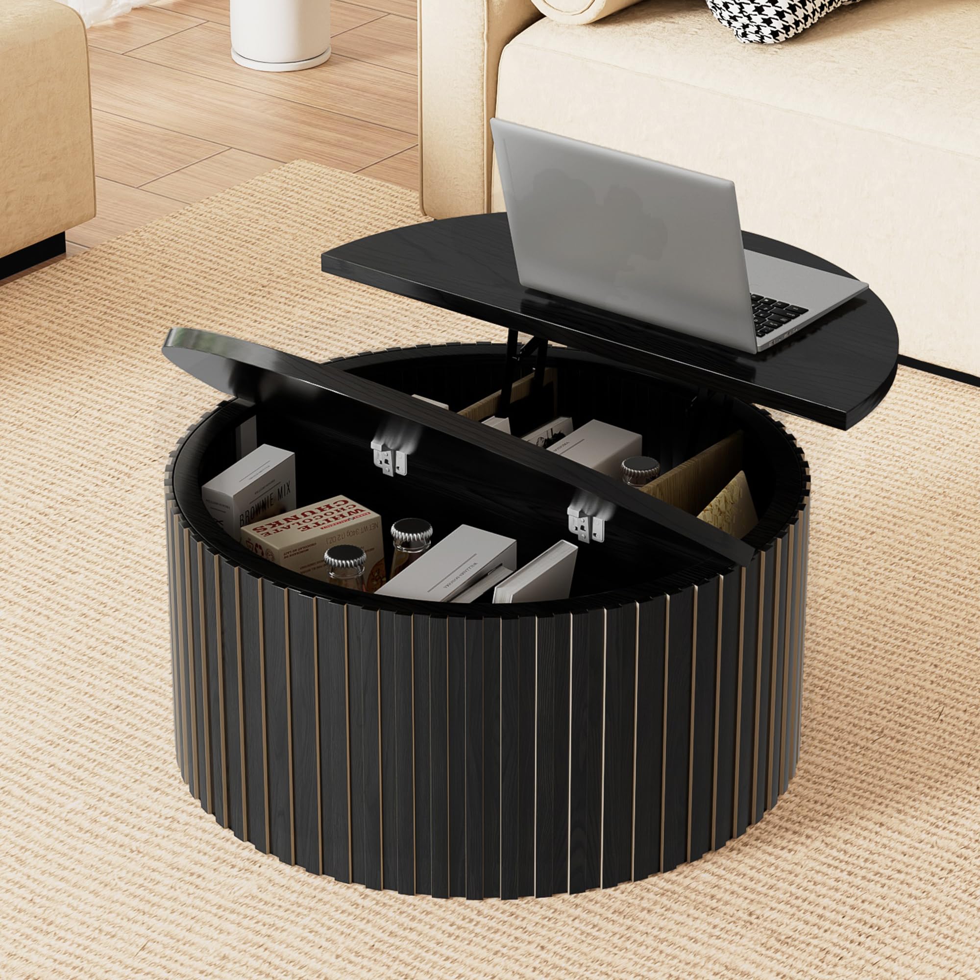 Limaoaio Fluted Lift Top Coffee Table with Storage, 31.5'' Farmhouse Round Coffee Tables for Living Room, Modern Wood Center Tables with Hidden Compartment for Home, Office (Black)