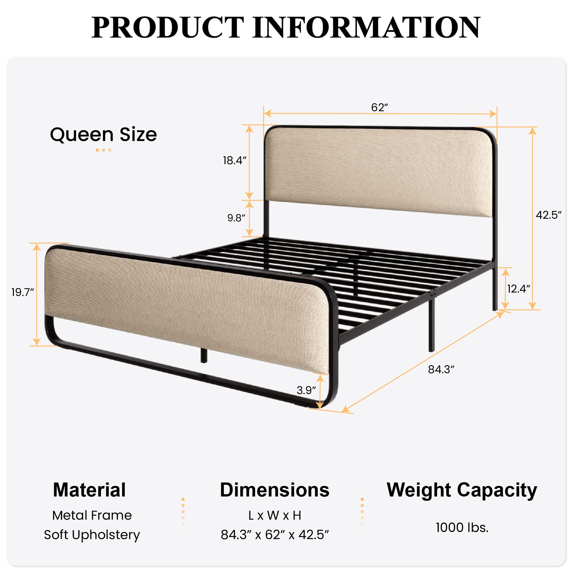 Upholstered Platform Bed Frame with Curved Headboard & Footboard