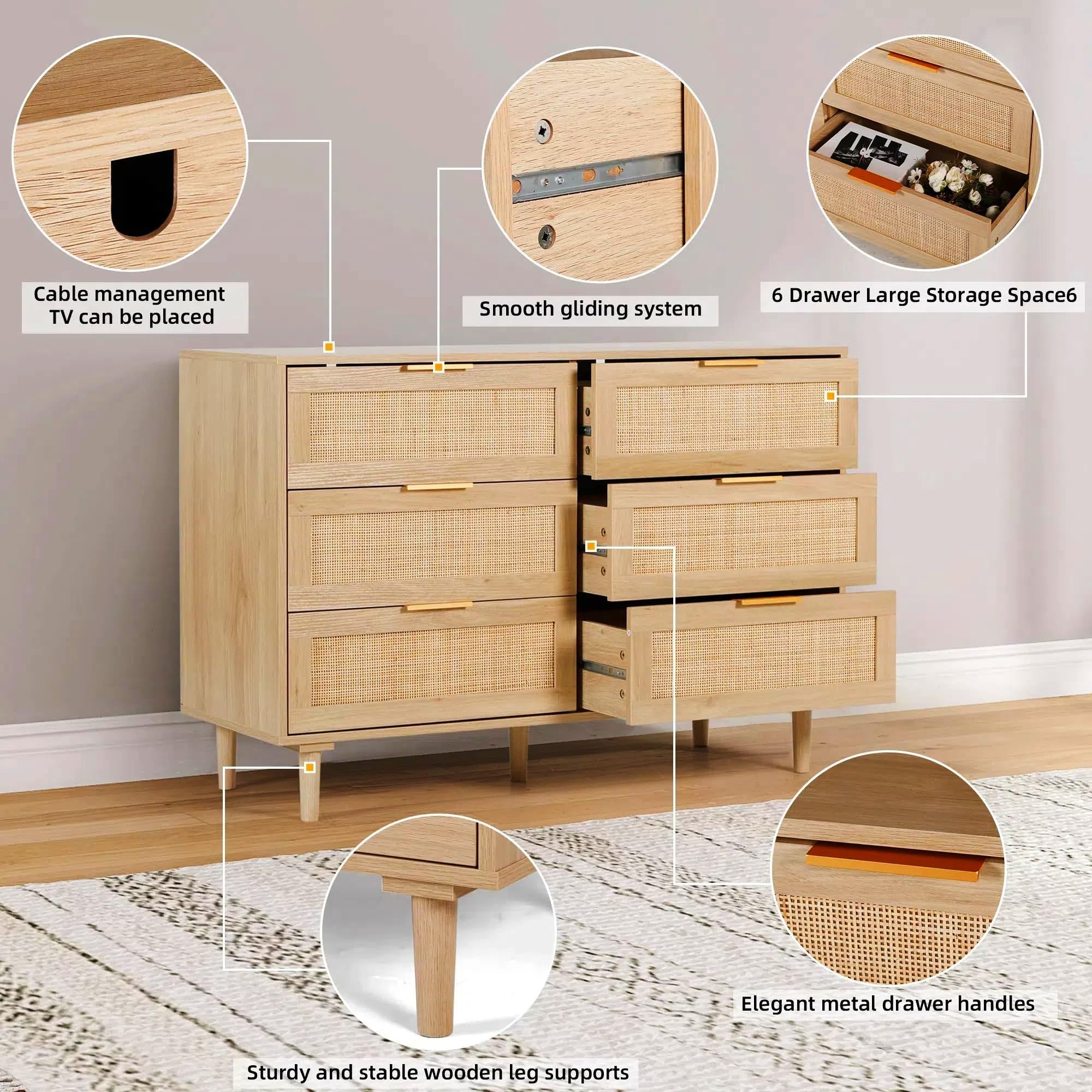 FUQARHY 6 Drawer Dresser Rattan Dresser Modern Chest with Drawers,Wood Storage Closet Dressers Chest of Drawers for Bedroom,Living Room,Hallway (Natural)
